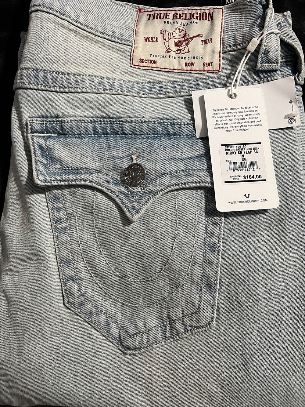 True Religion Light Wash Straight Leg Jeans - Pale Blue Denim